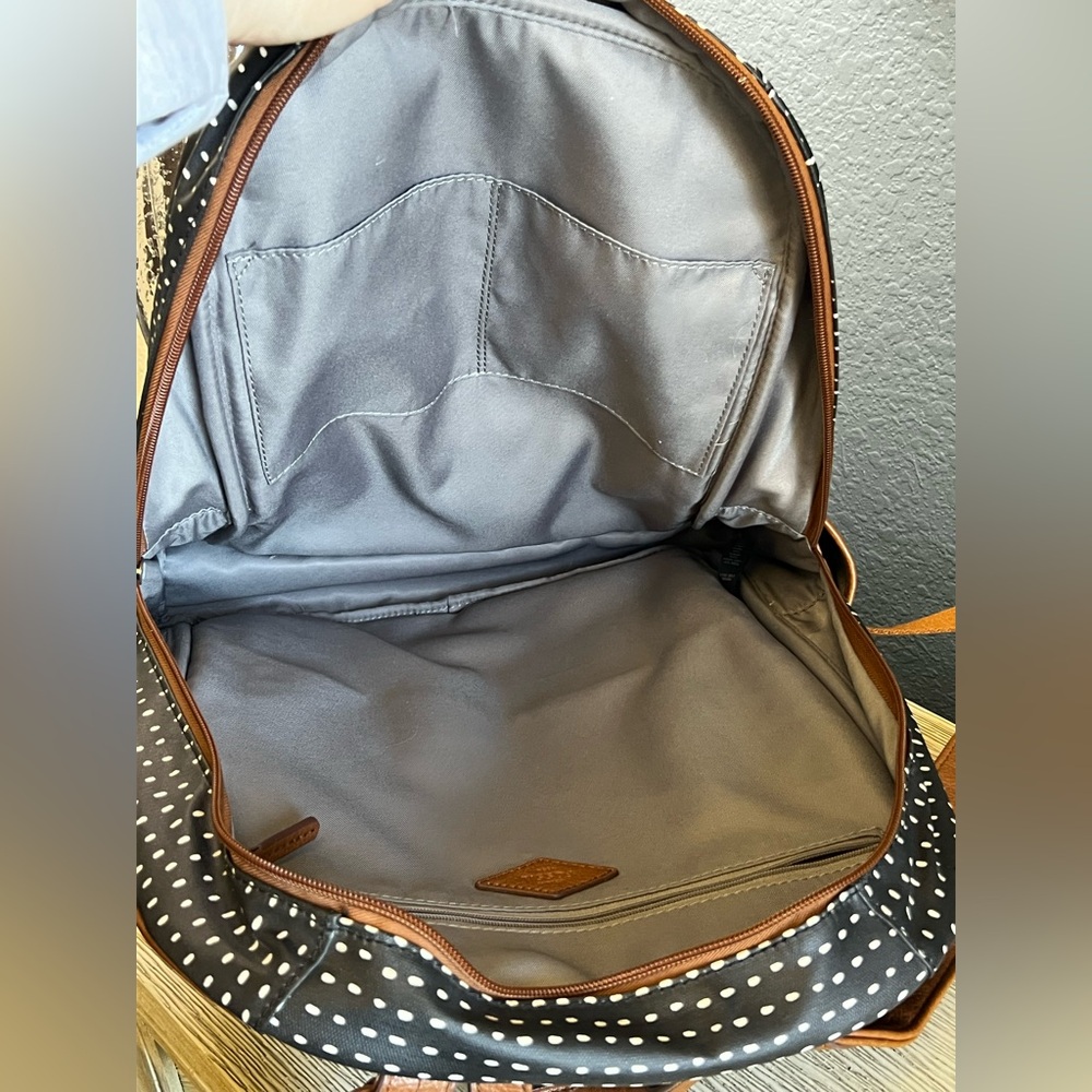 Fossil Black and White Polka Dot Backpack with Brown Accents - Picture 7 of 14